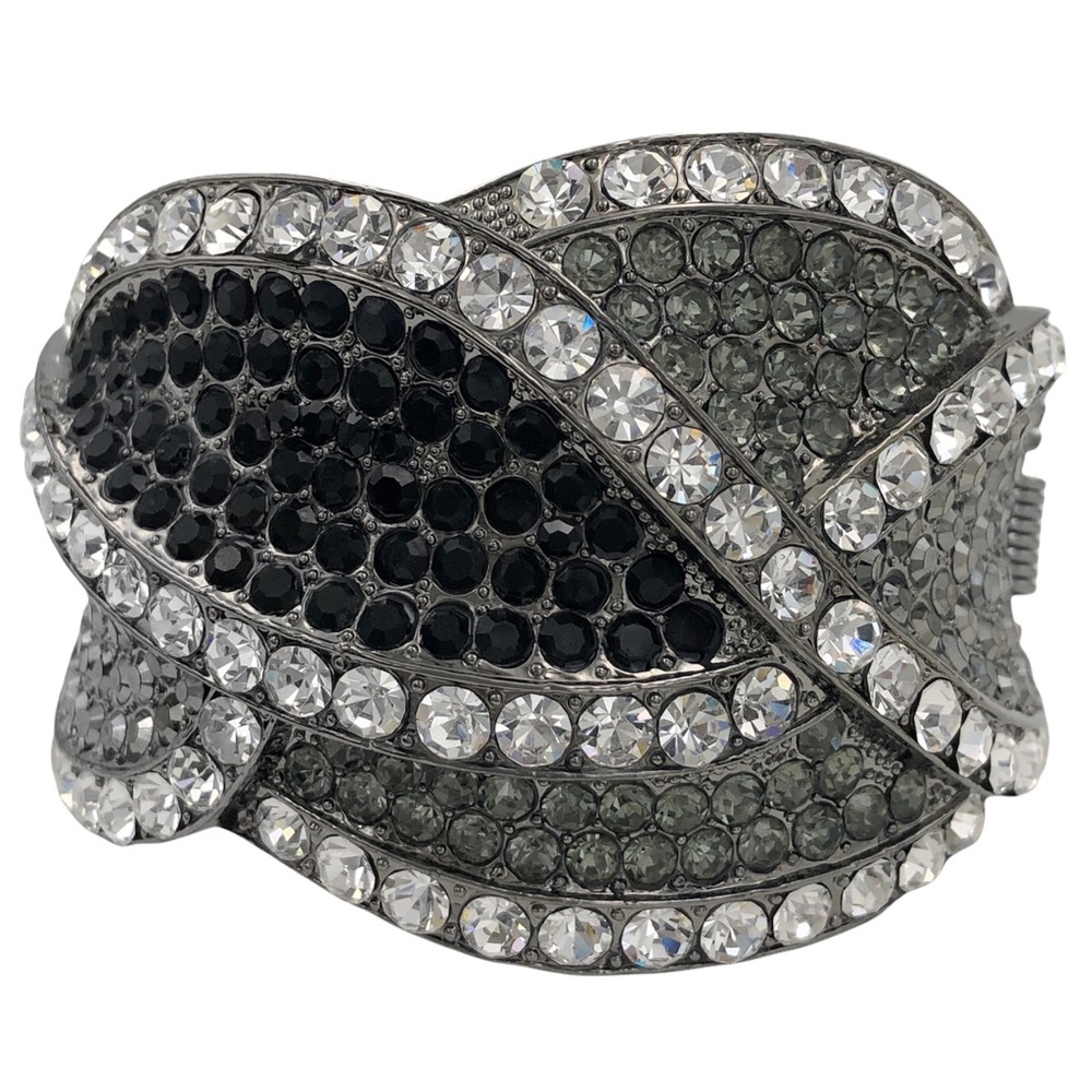 Black Grey Clear Rhinestone Wave Chunky Statement Hinged Bangle Bracelet